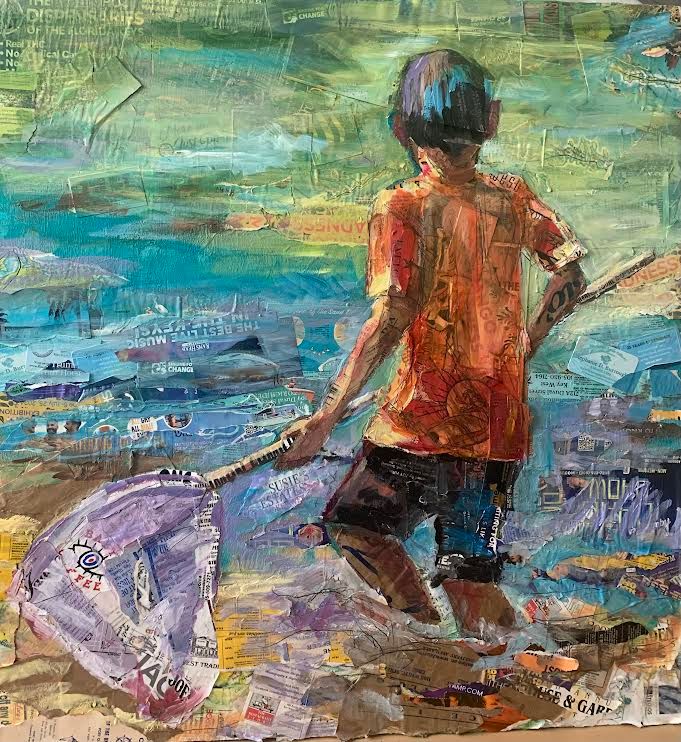 EXPLORE OUR SHORES  Carol Faye  oil and local marketing materials on wood   38 x 36 in.