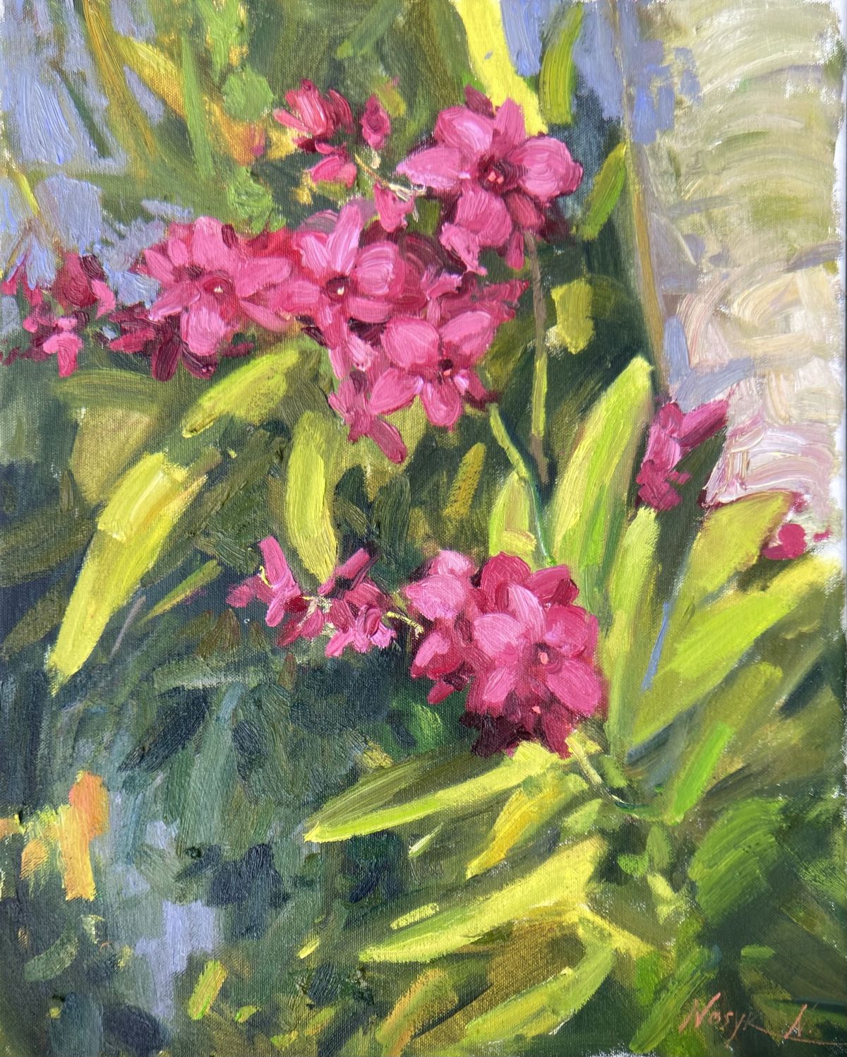 Nataliia Nosyk - Pink Orchid On Palm Tree   oil on canvas   20 x 16 in.